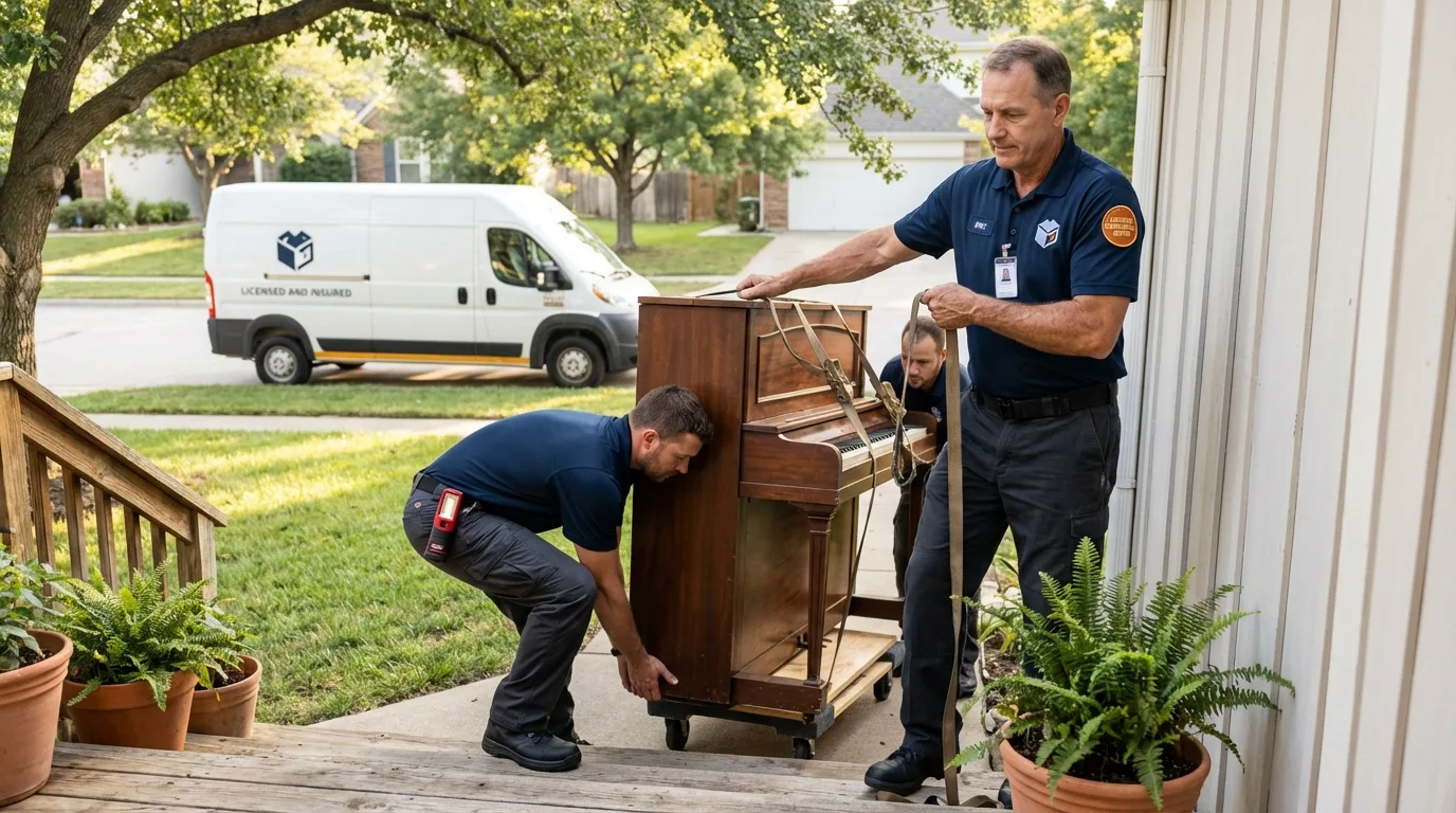 Licensed piano movers securing grand piano in Kohler, WI