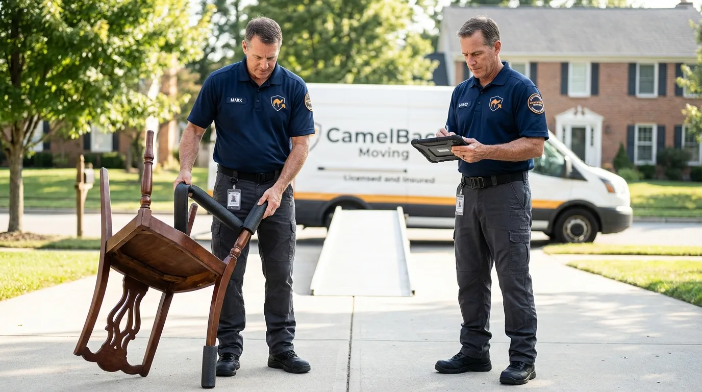 Movers inspecting furniture for damage prevention before loading in Kohler, WI