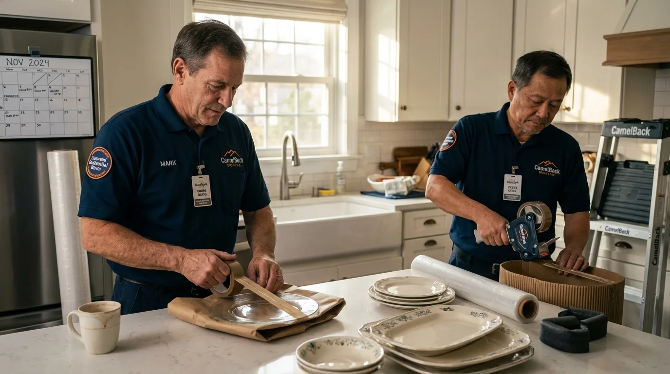 Professional crew packing kitchen dishware in Kohler, WI